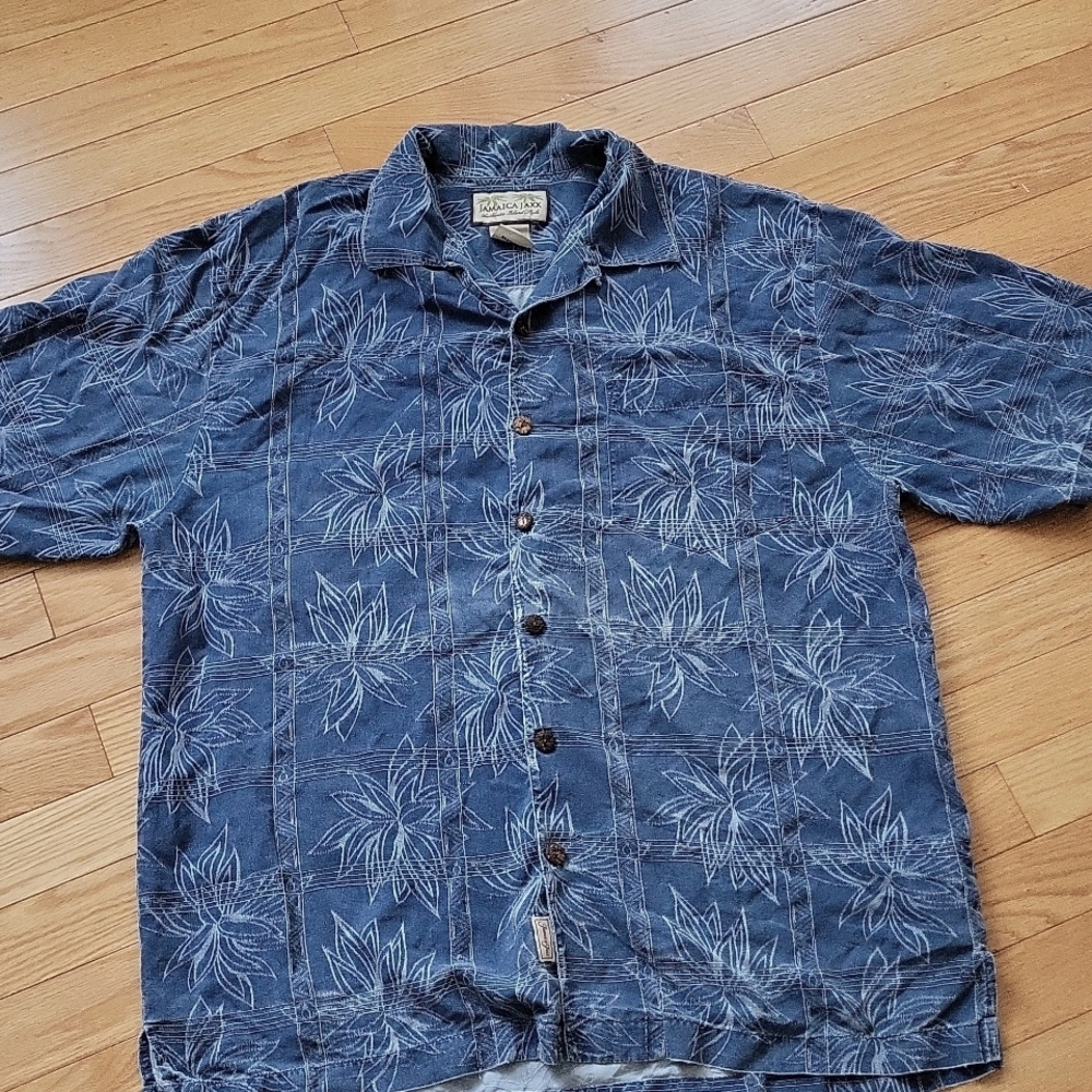 Jamaica Jaxx Blue Silk Button Down Short Sleeve Shirt Tropical Size M
